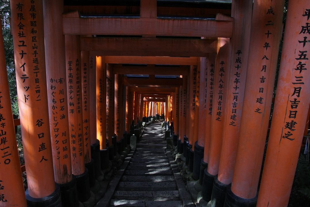 The tunnel of vermilion torii gates at Fushimi Inari Shrine, Kyoto