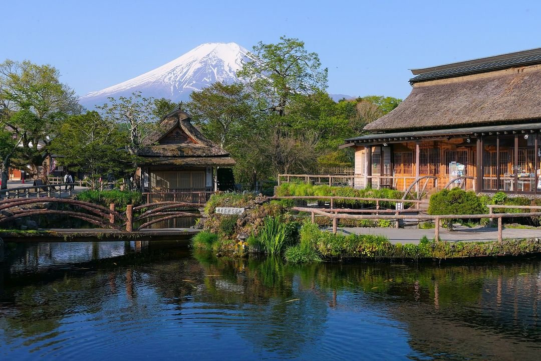 The spring-fed ponds and thatched houses of Oshino Hakkai below Mount Fuji