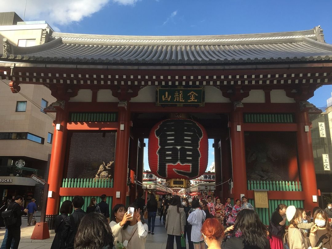 Senso-ji Temple in Asakusa, the great red Kaminarimon lantern hanging in its gate